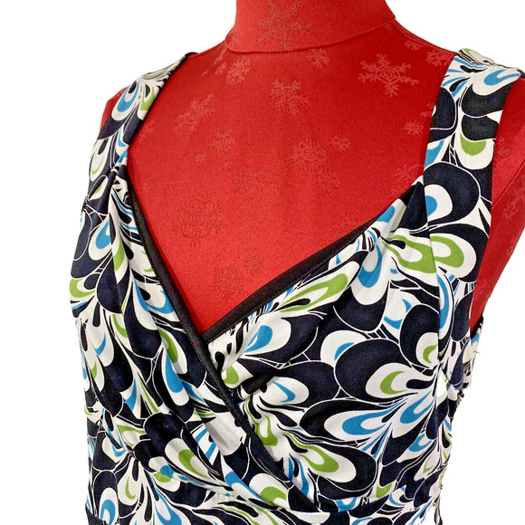 Loft Sexy Black Floral Cocktail Dress Mod Green Blue Flowers Sz 12 Plunge Neck - Picture 3 of 9